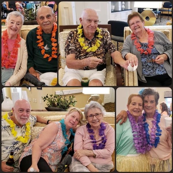 Collage of pictures, residents, families and workers attending the luau party at Ivy at Ellington