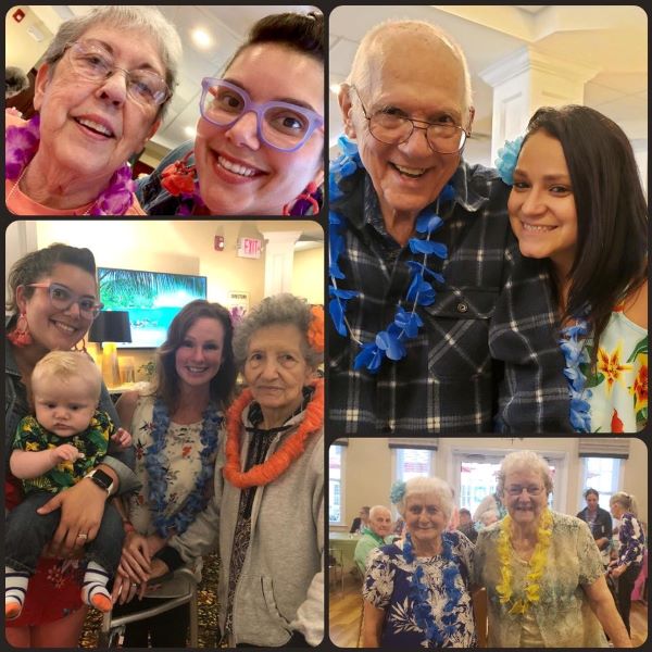 Collage of pictures, residents, families and workers attending the luau party at Ivy at Ellington