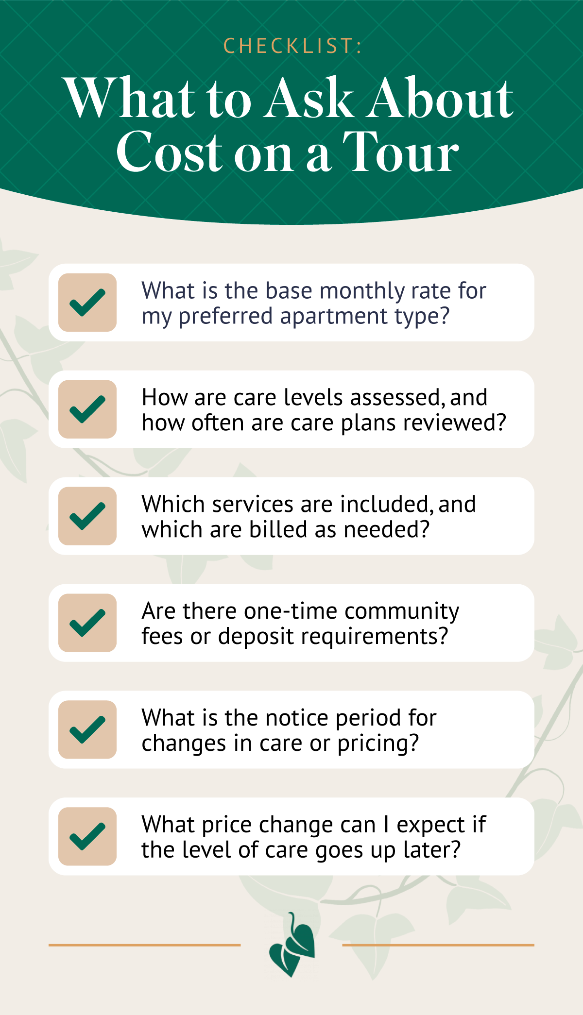 Infographic titled ‘Checklist: What to Ask About Cost on a Tour.’ Lists six questions with checkmark icons: What is the base monthly rate for my preferred apartment type? How are care levels assessed, and how often are care plans reviewed? Which services are included, and which are billed as needed? Are there one-time community fees or deposit requirements? What is the notice period for changes in care or pricing? What price change can I expect if the level of care goes up later?